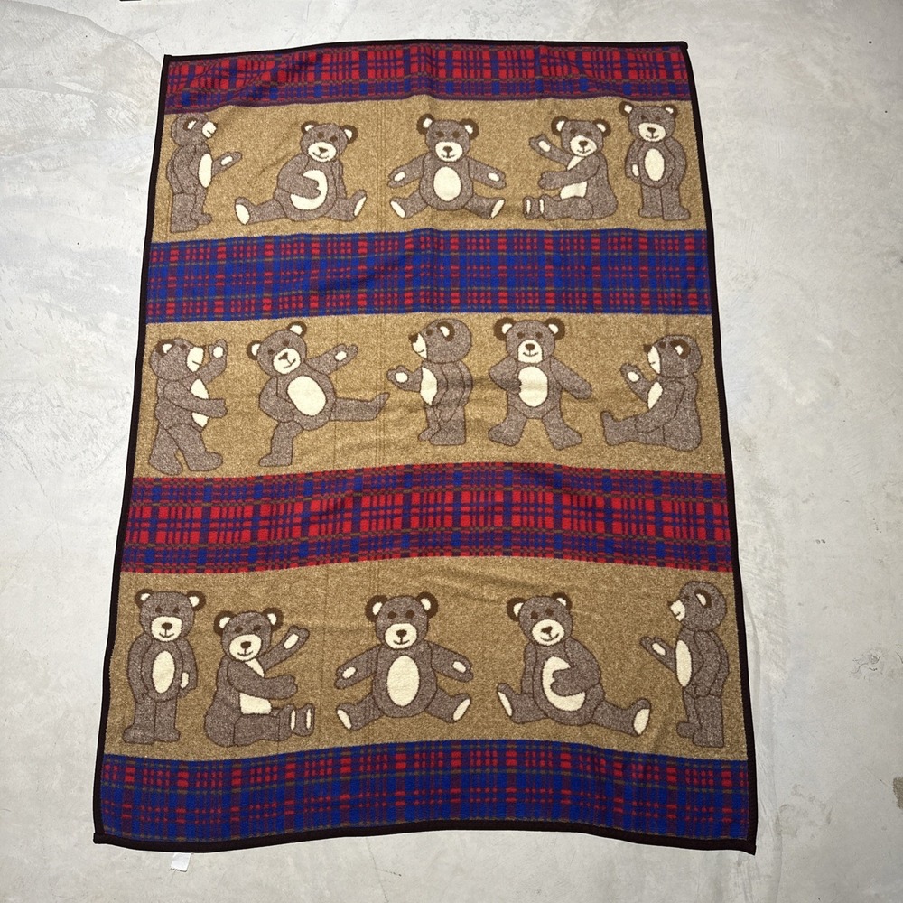 Vintage San Marcos Teddy Bear Plaid Throw Stadium Blanket 55" X 78" Art Nature